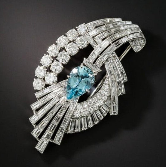 Art Deco Pear Cut Aquamarine Brooch
