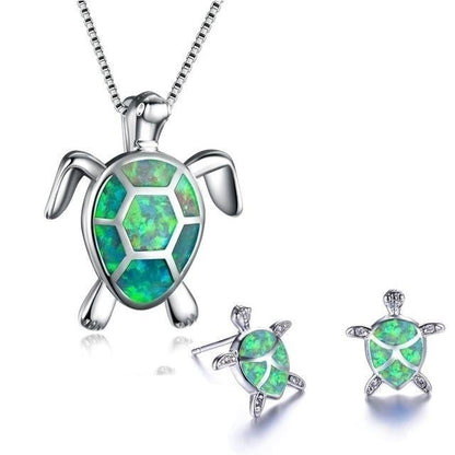 Sea Turtle Opal & Silver Necklace + Earrings